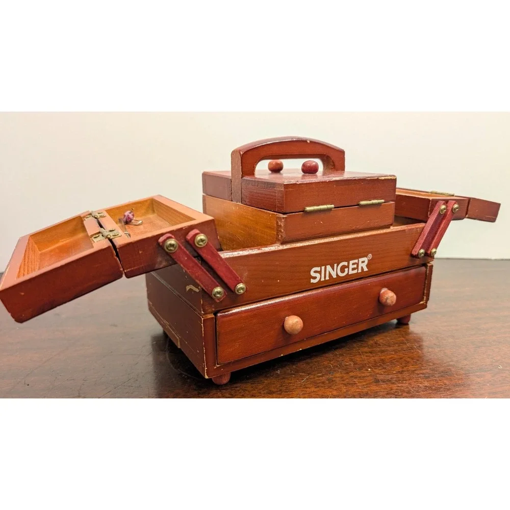 Vintage Singer Sewing Box Accordion Fold Out Wooden Sewing Carry Caddy Organizer